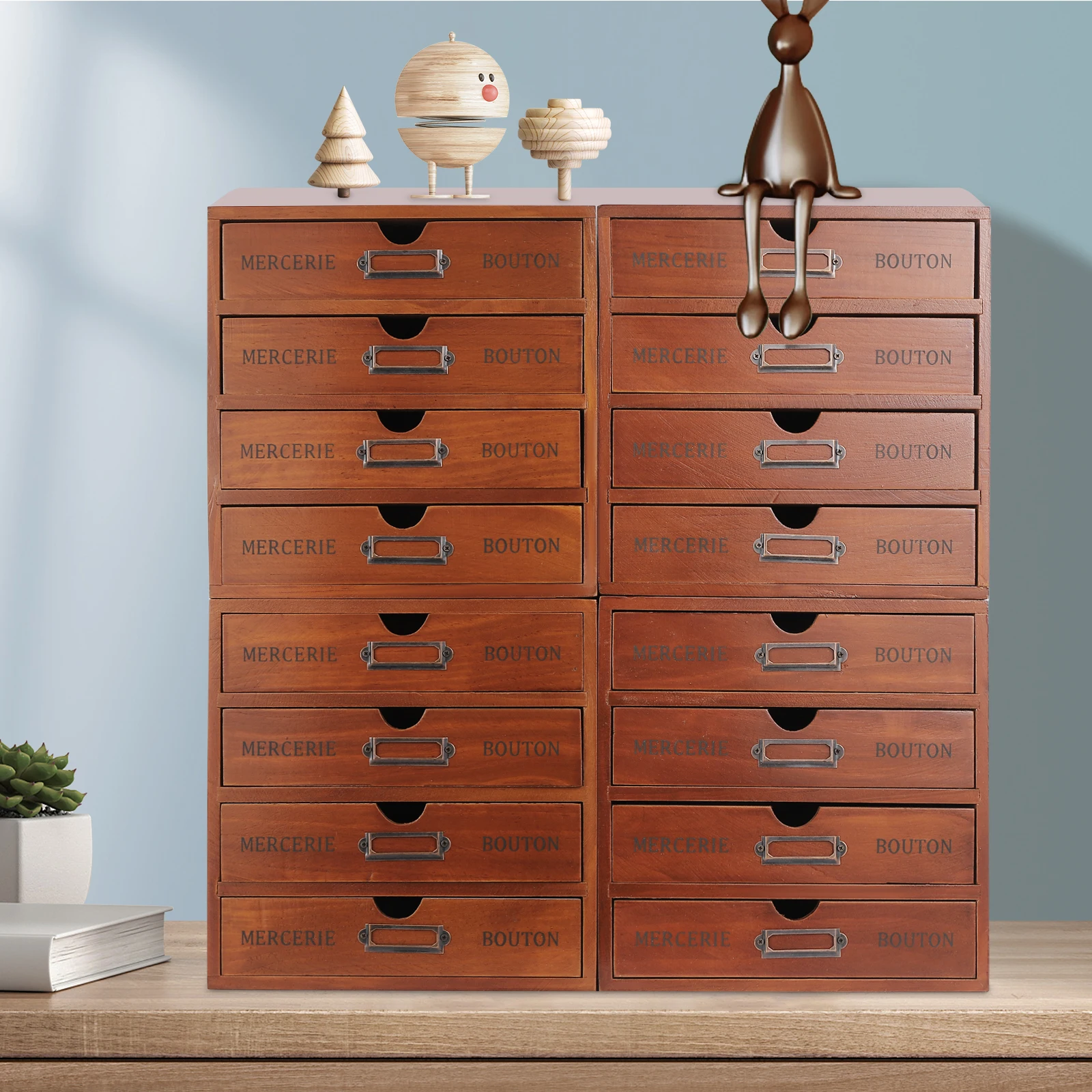 

Brown 4-Piece 16-Drawer Organizer Pine Wood+Iron - Spray Painting Process For Corrosion Resistance, Sturdy&Durable For Storage