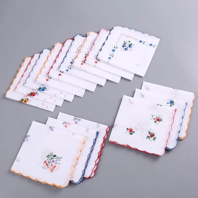 12pcs 28X28CM Women's Cotton Handkerchiefs Assorted with Wavy Edge and Print Floral Flowers Hanky Cotton Handkerchief