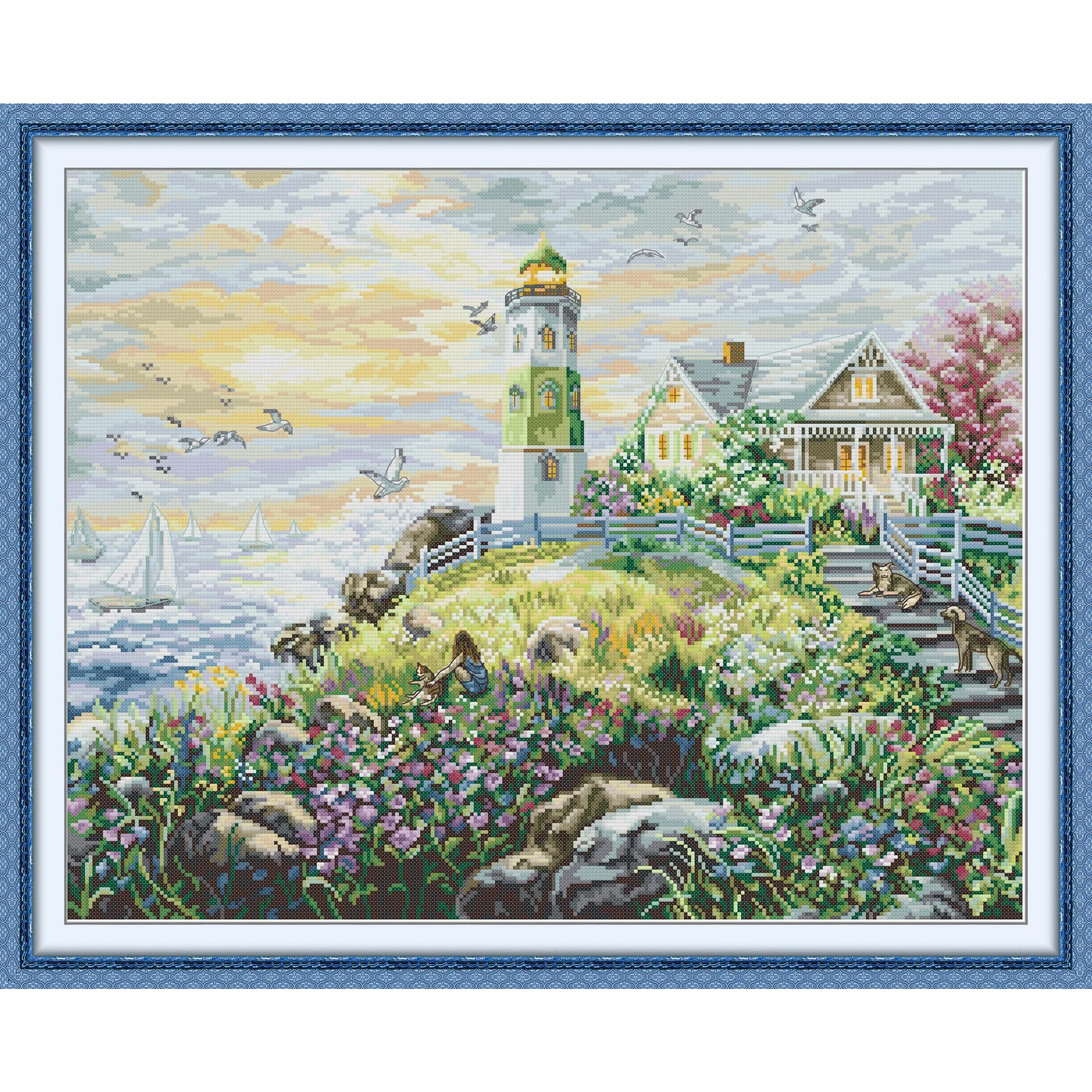 

Набор для вышивки крестом Joy Sunday с предварительной печатью, легкий узор, набор для вышивки из штампованной ткани Аиды, морской маяк 5