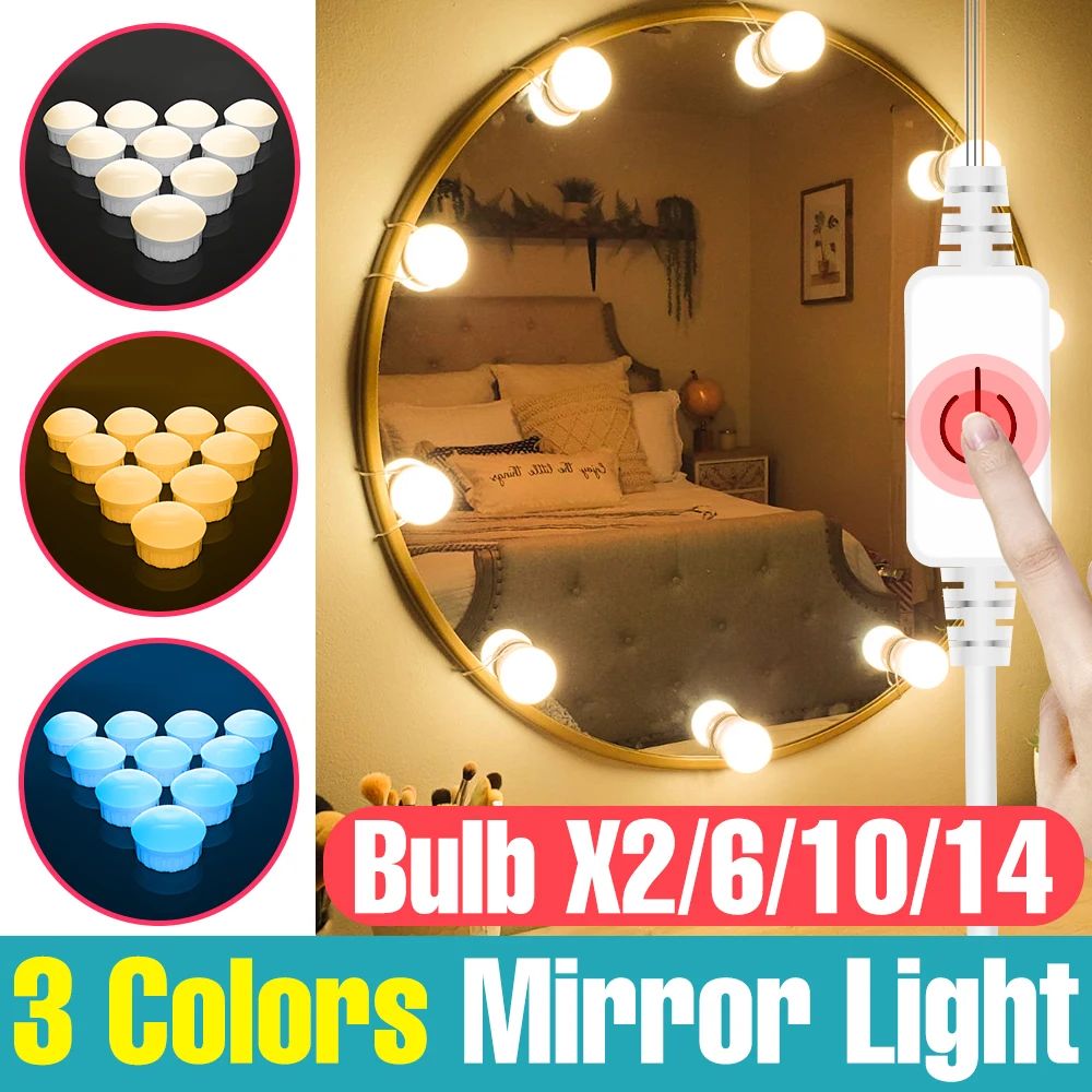 LED Mirror Light Hollywood 3 Colors Makeup Lamp USB Dressing Table Bulb 5V Dimmable Bathroom Bedroom Decoration Fill Lighting