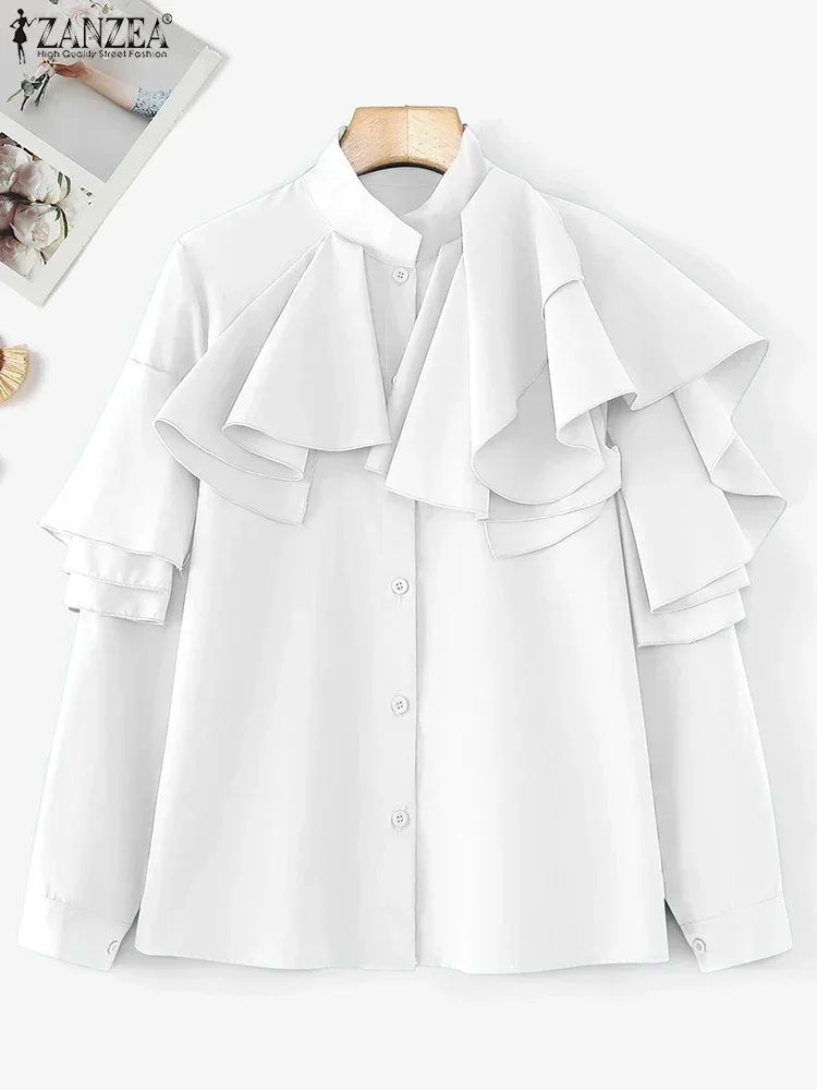 ZANZEA 2025 Fashion Vintage Solid Office Blouse Women Ruffled Street Shirts Spring Long Sleeve Tops Casual Loose Buttons Tunics