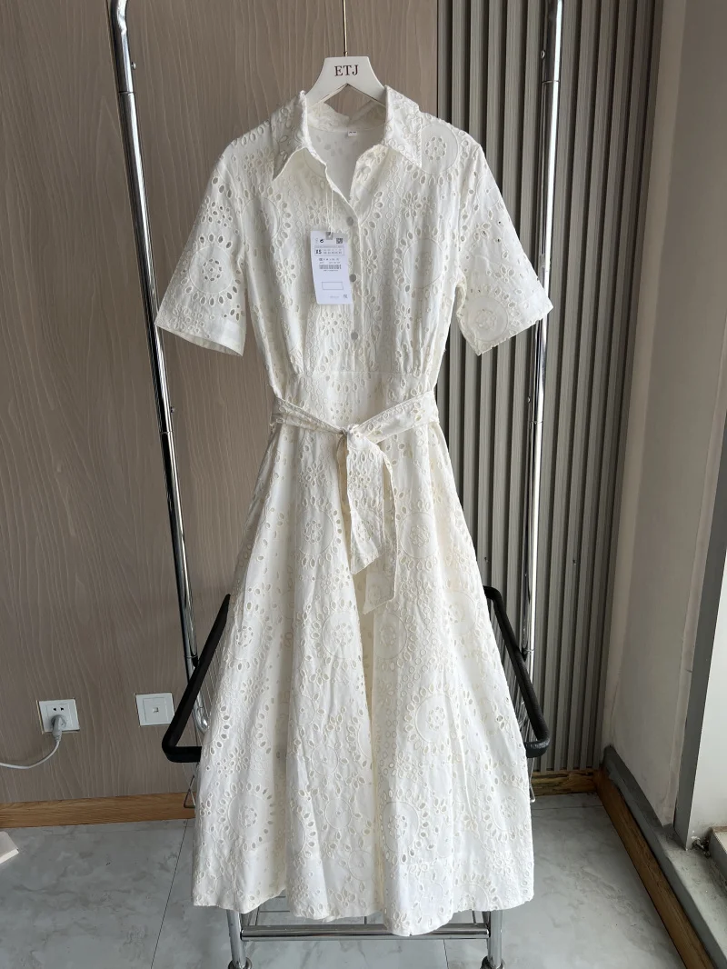 ETJ 2025 new  women's elegant fashion hollow embroidery cotton shirt lapel short-sleeved dress temperament long skirt