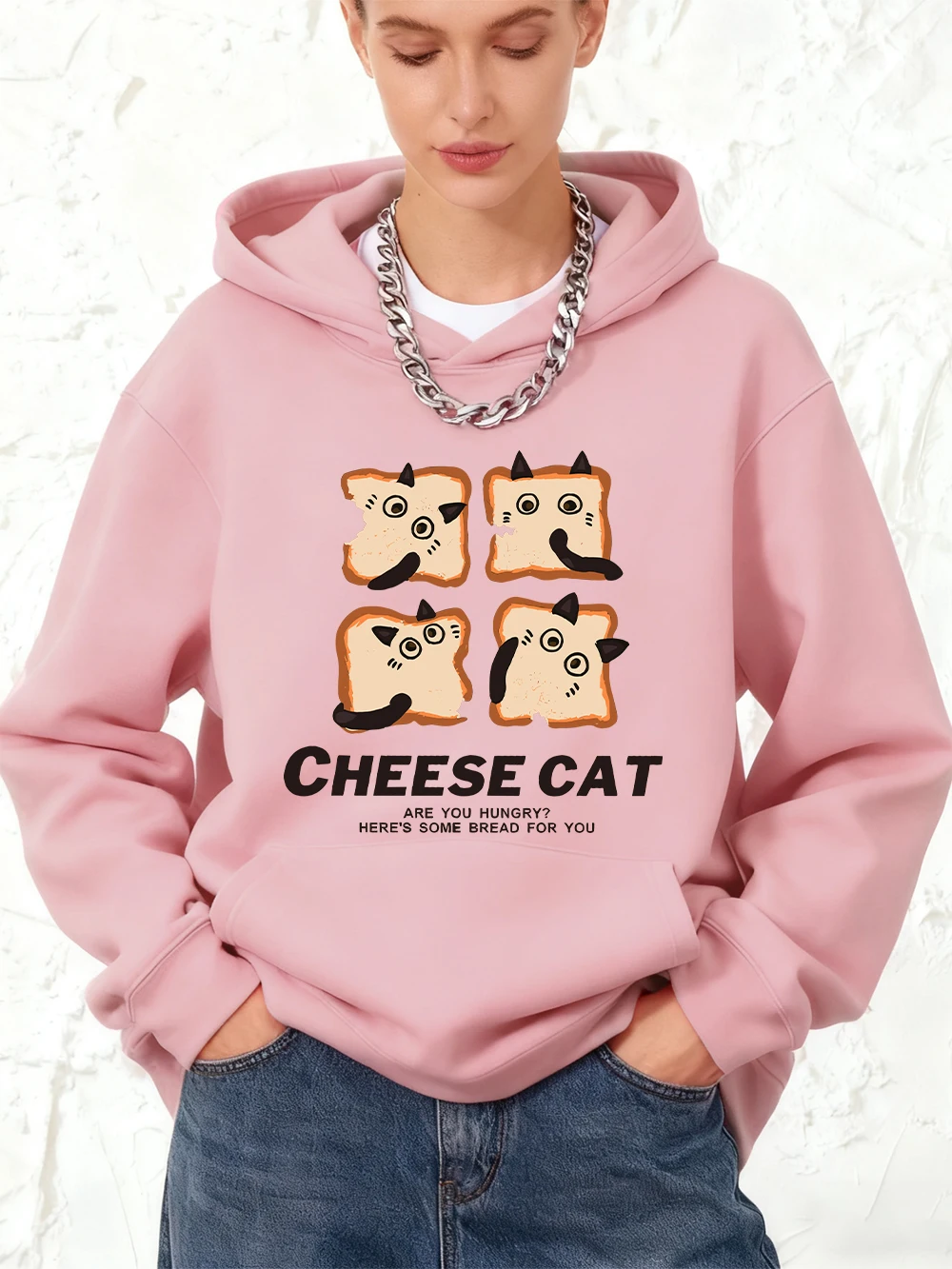 かわいいチーズパン猫プリント綿パーカー女性冬ルーズスウェットシャツフリース暖かいジョギングプルオーバーカジュアルベーシックポケットトップス