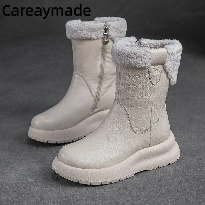 Careaymade-Genuine leather wide version big size Winter snow boots,plush insulation thick soled casual women's short boots