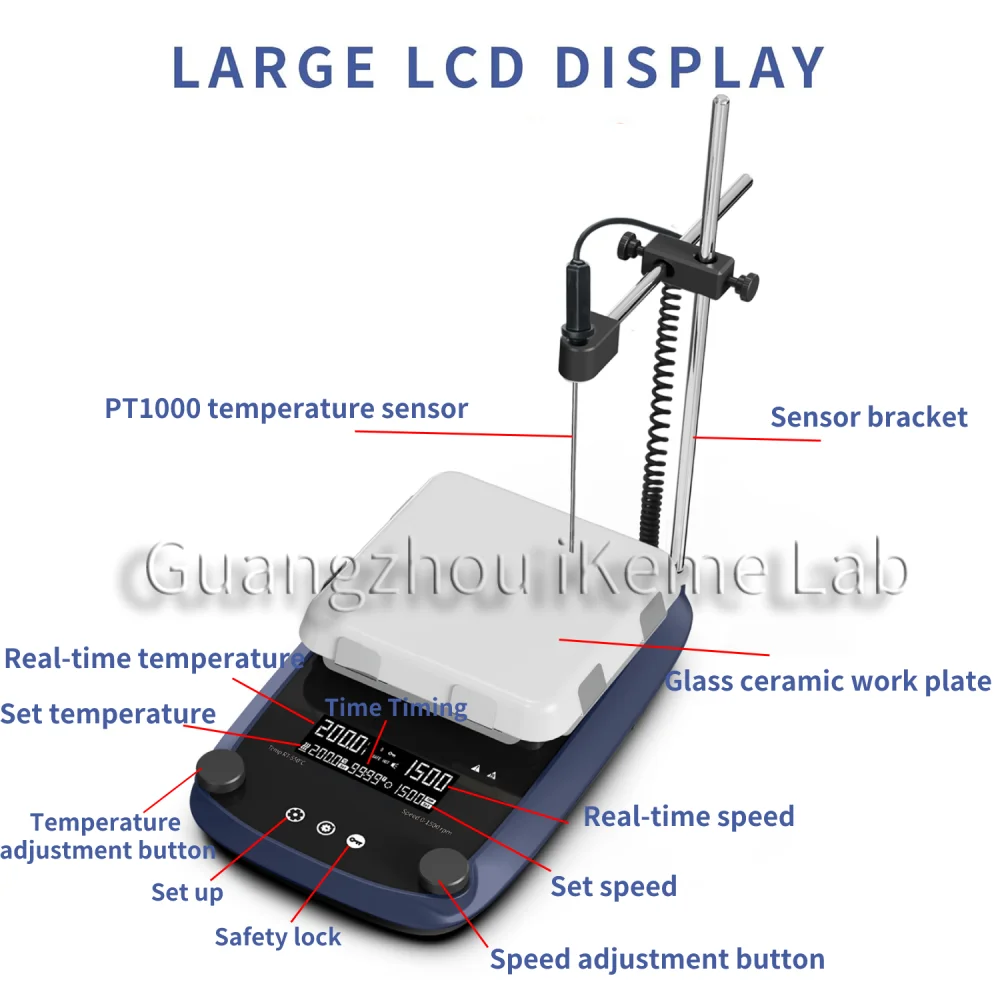 محرك مغناطيسي بشاشة LCD رقمية من IKEME مع مؤقت زجاجي وخلاط موقد من السيراميك 550 ℃   خلاط مختبر درجة حرارة عالية