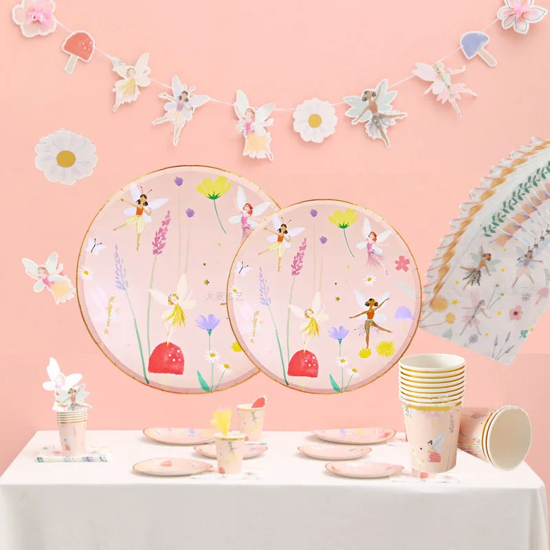 10Guests Fairy Disposabel Tableware Butterfly Goddess Plates Napkin Cups Spring Flower Princess Happy Birthday Party Decor Girl