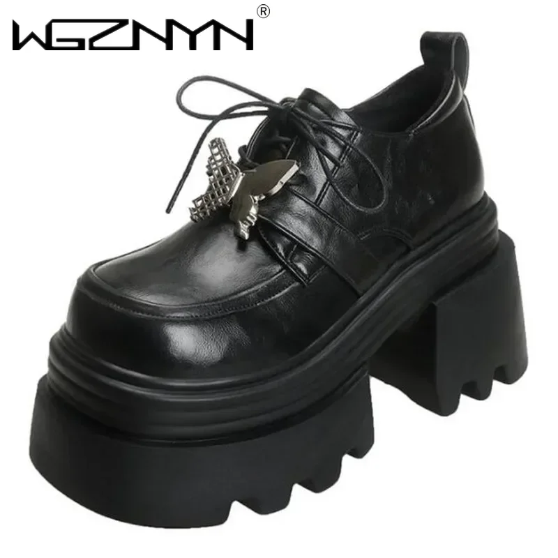 

Luxury NEW Brand Platform Shoe Womens Real PU Leather 2025 Autumn High Heel Thick Heel Lace-up Single Shoes for Woman Sneakers