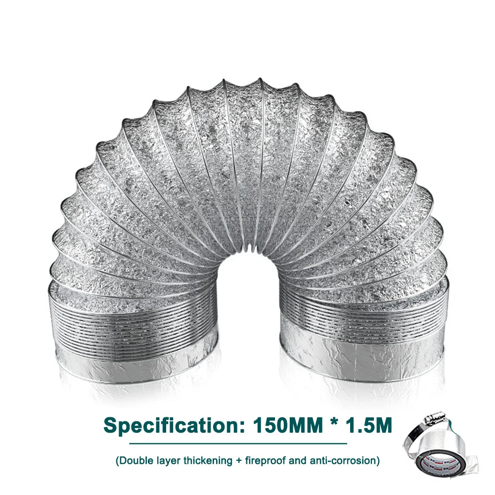 Flexible Vent Hose Exhaust Hose Silver 1.5m Length 150mm Diameter Double-layer Construction Thick Aluminum Foil Material