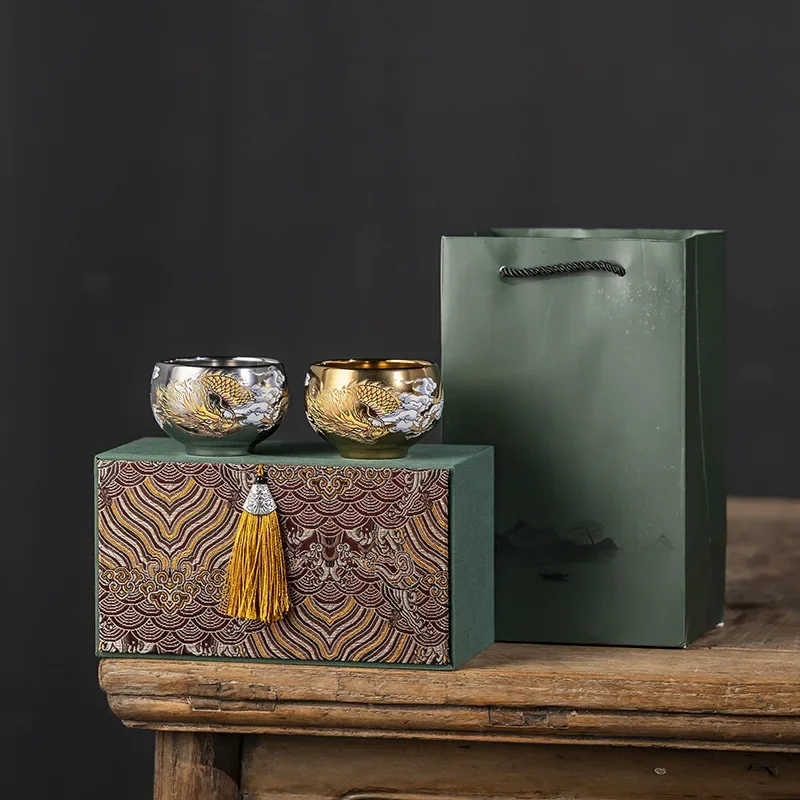 Longteng Shengshi handmade silver high-end tea cup gold and silver pair cup tea set gift box set gift tea cup