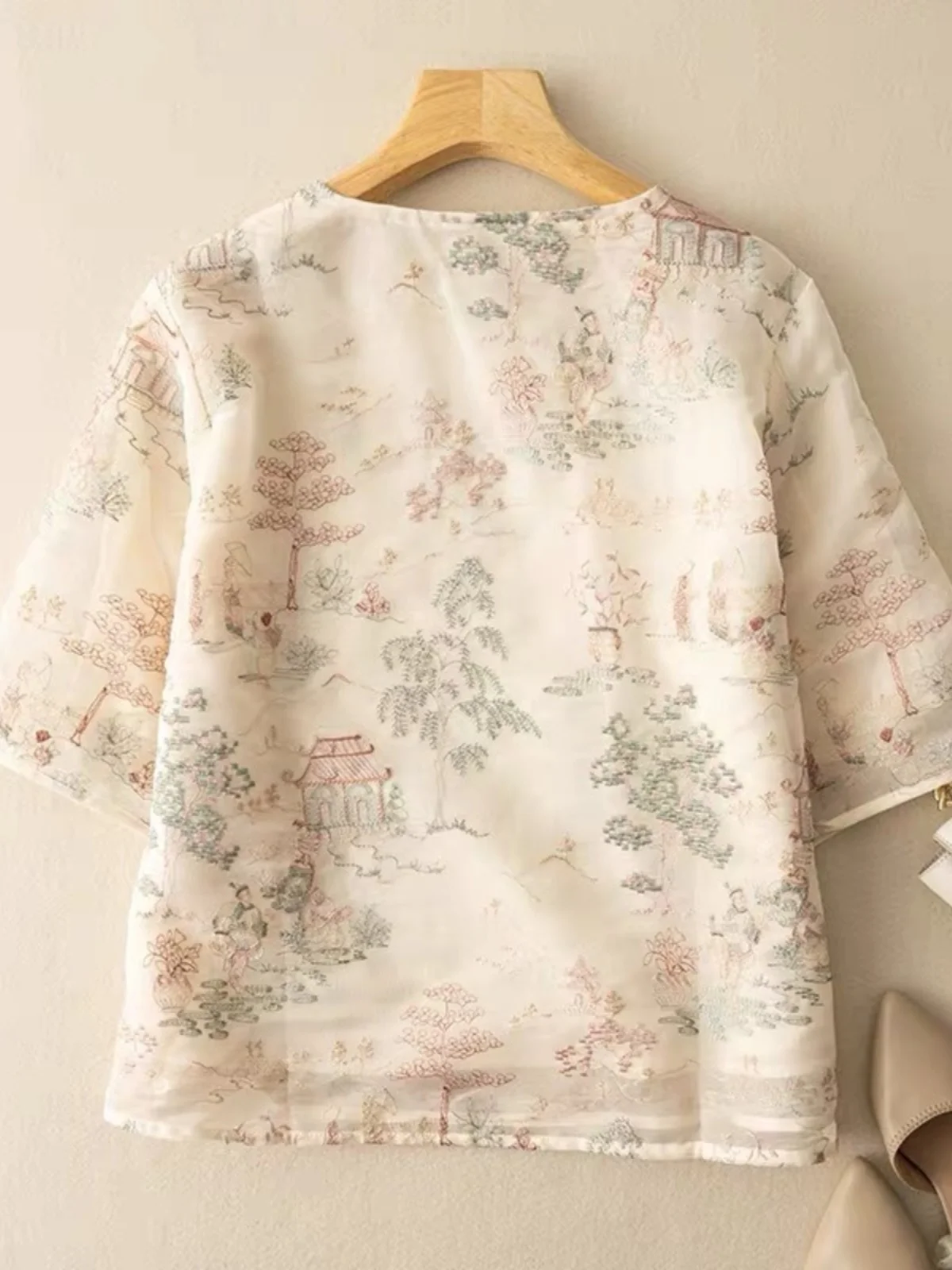 Ele besticktes irt chinesisches SLE-Top für Damen, neues Retro-Oberteil mit seitlichen Knöpfen, Sommer, Faion, Pendeln, lockere Passform, rund, neue...