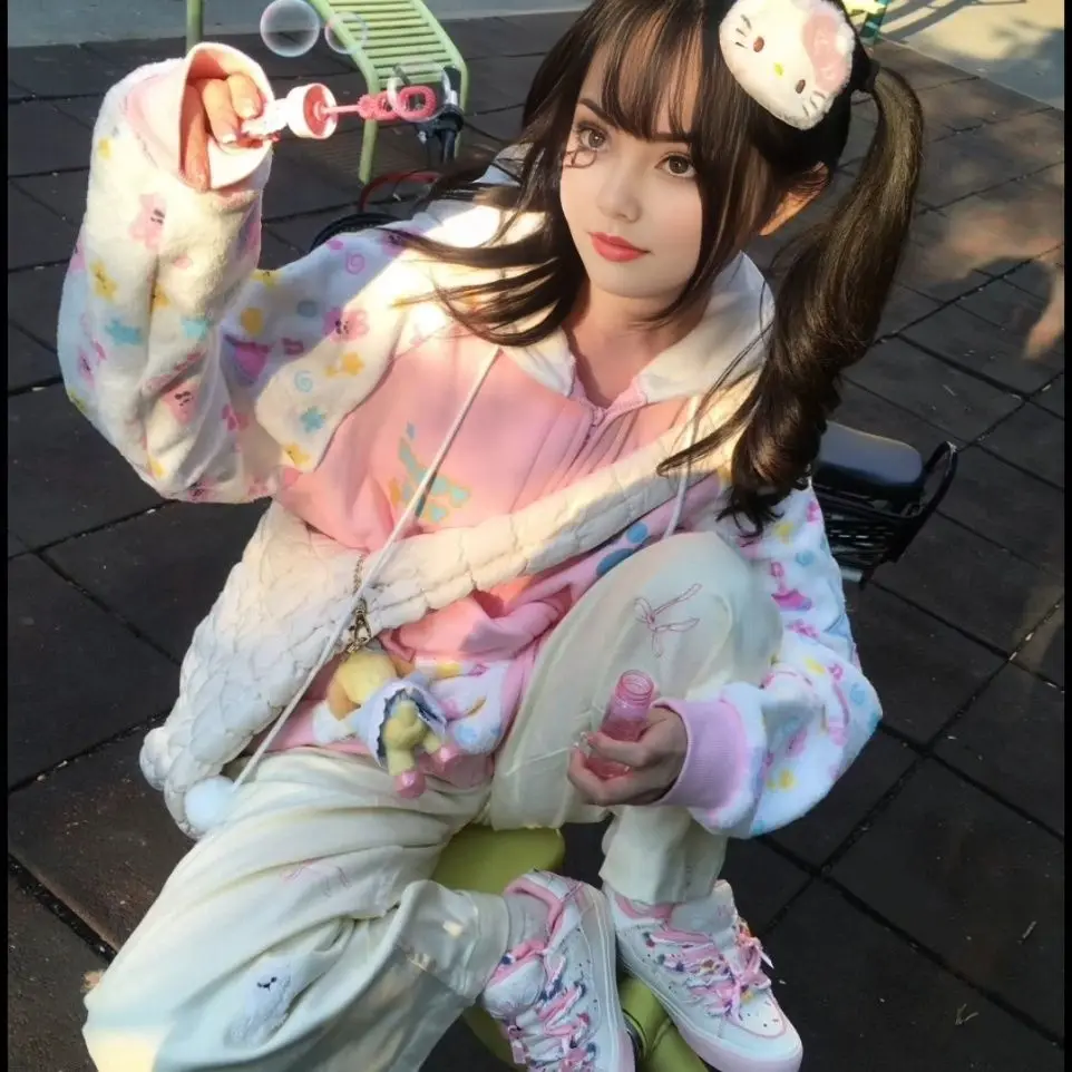 

Japanese Kawaii Print Hooded Coats Women Sweatshirts Harajuku Jacket Aesthetic Grunge Blouse Subculture Cute Y2k Tops Cardigan