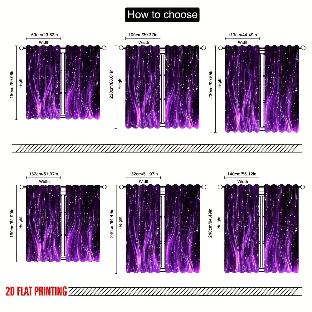 2D flat, 2-piece set of 2D flat printed curtains, purple privacy-protecting wall decor, suitable for multi-functional event deco