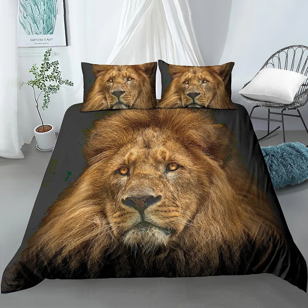 Lion Duvet Cover King/Queen Size,brown Strong African Lion Theme Bedding Set for Kids Boys,tropical Savanna Wildlife Quilt Cover