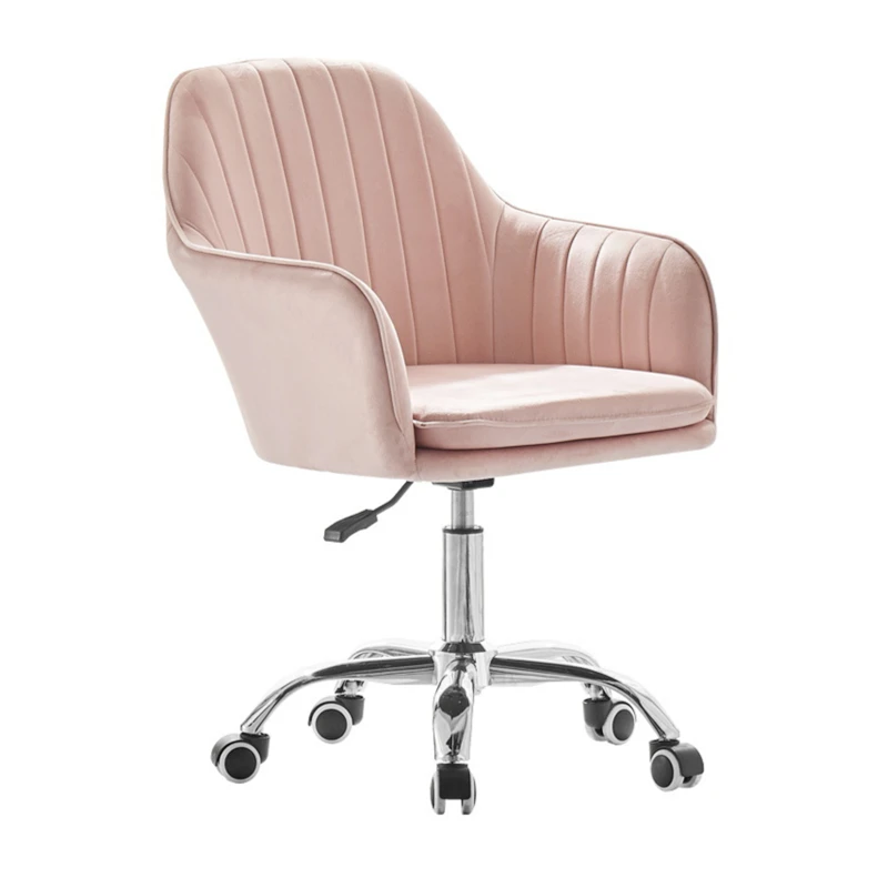 Silla de oficina giratoria de terciopelo rosa, ruedas ergonómicas