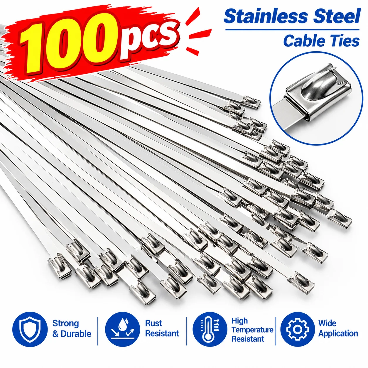 100pcs Metal Zip Ties 304 Stainless Steel Heavy duty Self-locking Cable Ties Wire Ties for Outdoor Vehicles Pipes Fence