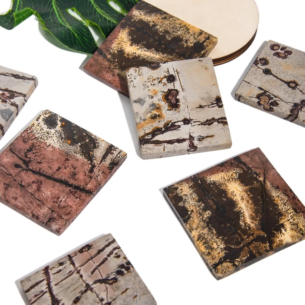 Natural Chinese Painting Stone Square Slices, Polished Landscape Crystal Slab, Mineral Decor Piece for Home Collection Gift