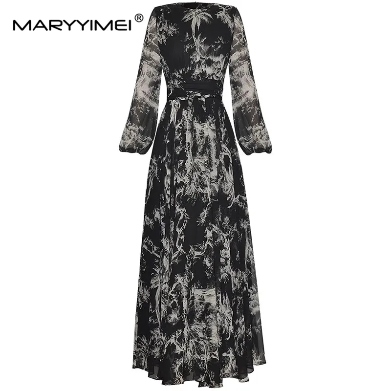 

MARYYIMEI Fashion Designer Women's New Round Neck Lantern Long-Sleeved Pleated Ink Printed Shaggy Elegant Ball Gown Maxi Dress