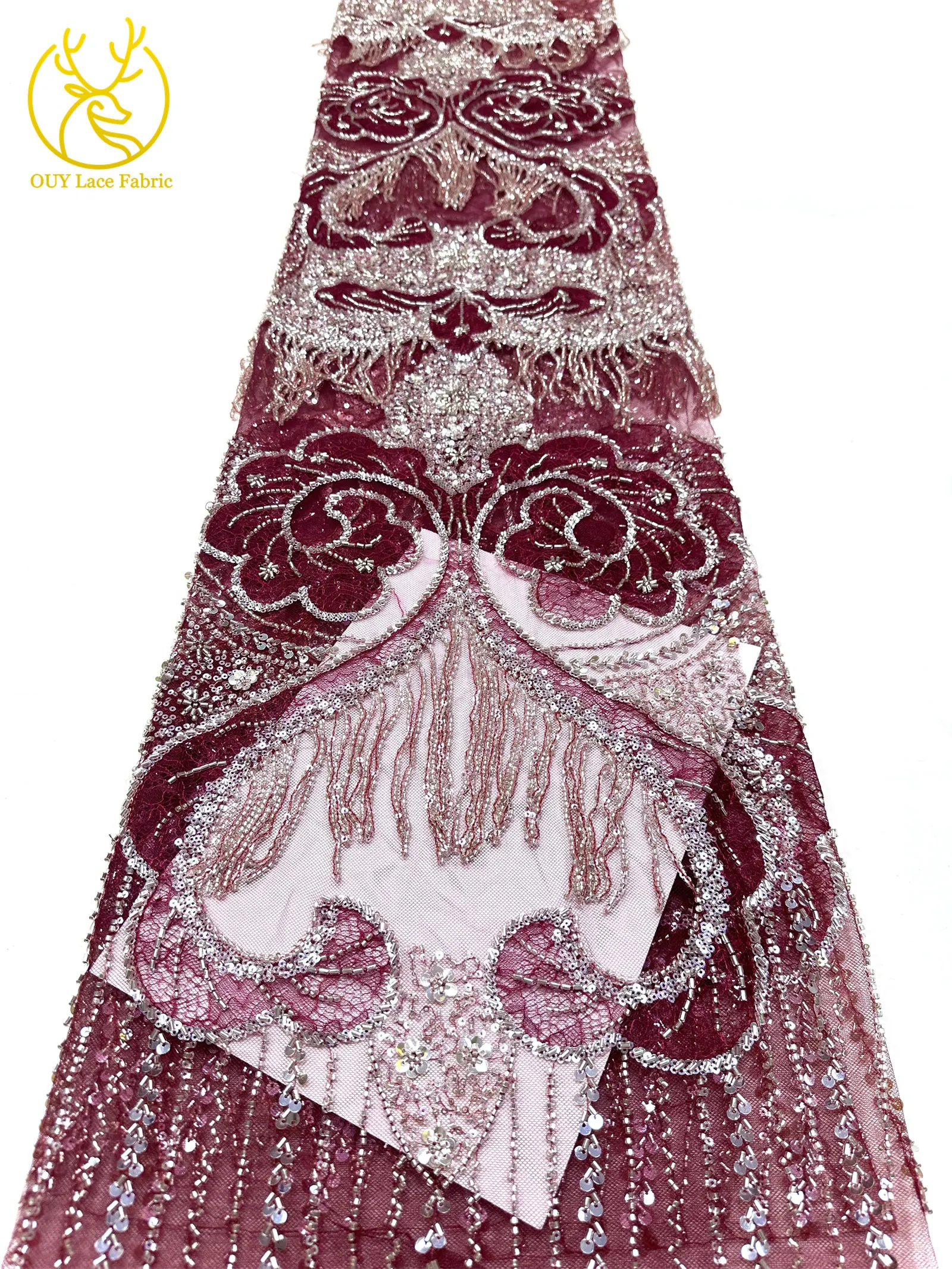 Goldene französische 3D-Laser-Quasten-Perlen-Spitze, luxuriöser afrikanischer Pailletten-Spitzenstoff, nigerianischer Mesh-Spitzenstoff für Damen-Hochzeiten – Detail 16