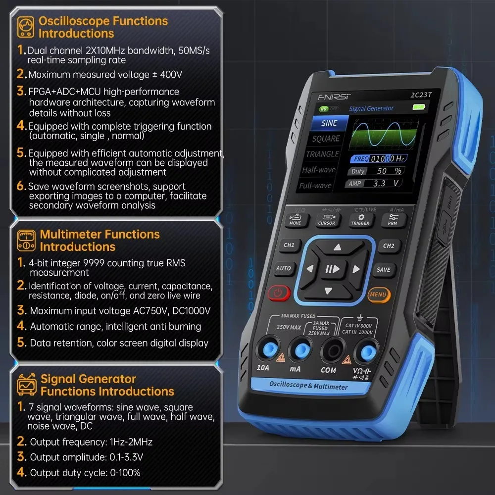 FNIRSI 2C23T Multifunctional Digital Oscilloscope Dual Channel 50MS/s 10MHz Multimeter Signal Generator Electronic Repair Tools