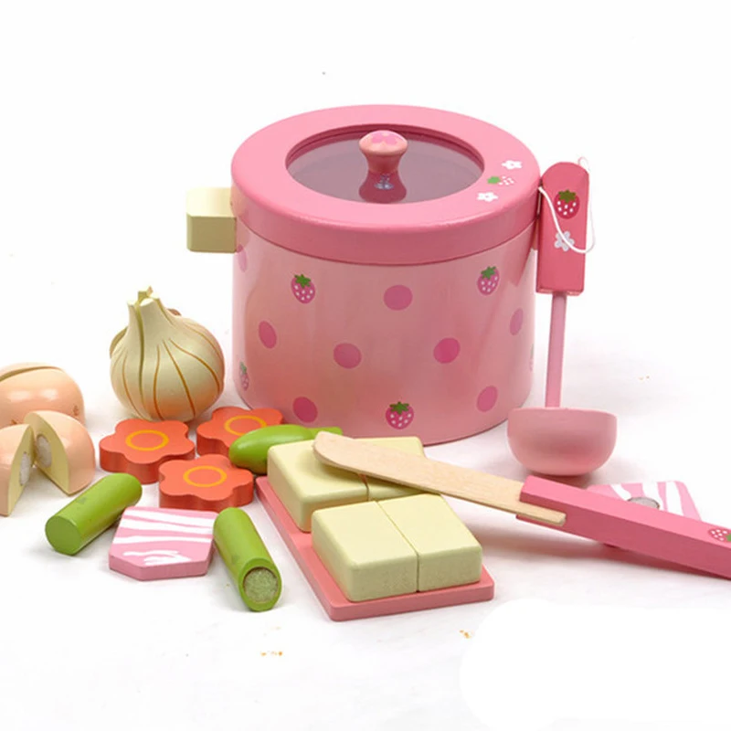 Kids Kitchen Toys Mother Garden Strawberry Simulation Vegetable Hot Pot Kitchen Prentend Play Food Set Wooden Toy For Girls Gift