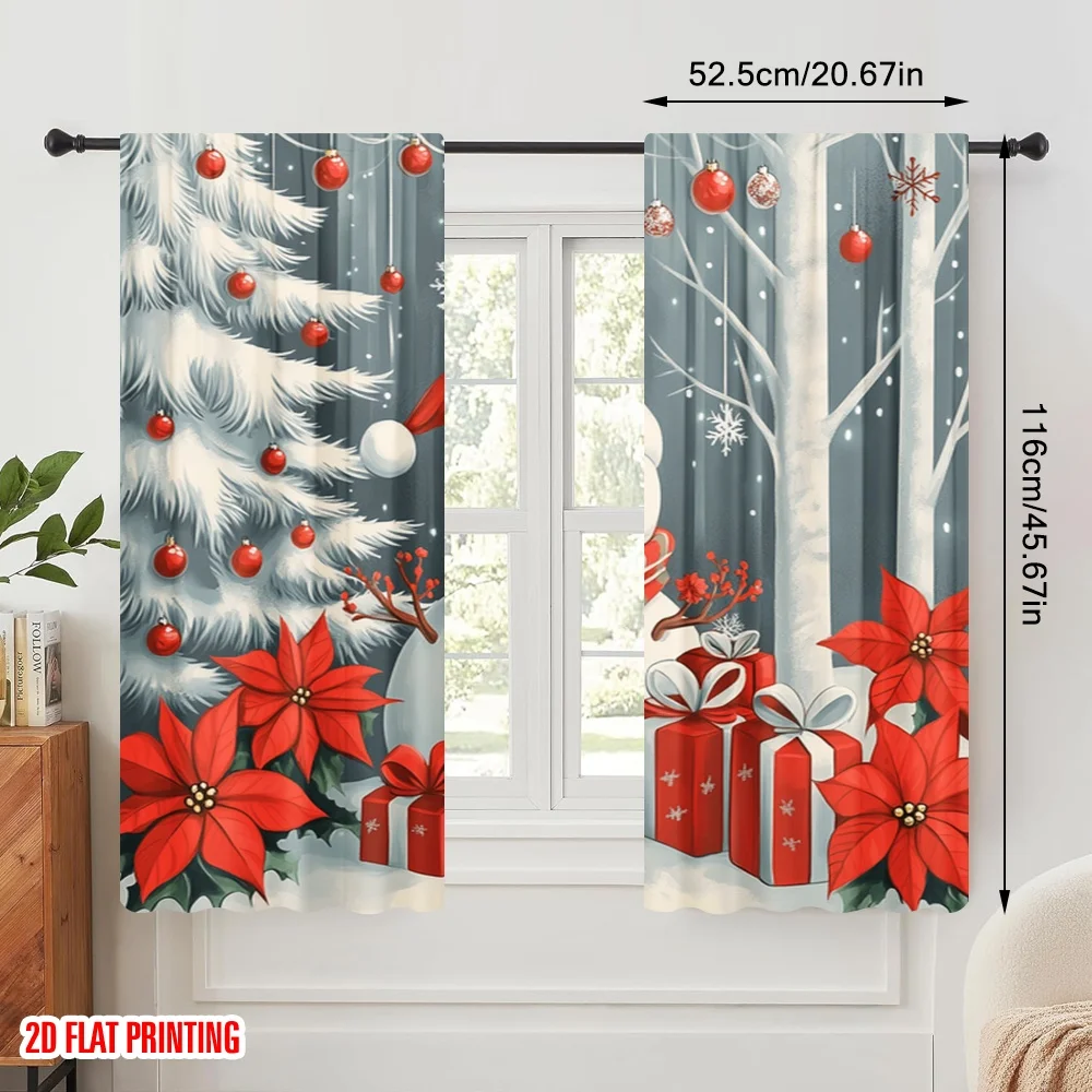 2pcs,2D plane printing Popular Curtains Cute Snowman Christmas Poinsettia Gift (2) Versatile Durable Polyester (without rod)
