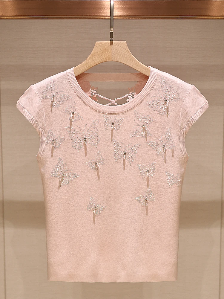 

Slim Fit ort Sve round Ne Knitwear Women's Summer Rhinestone Bal Pink Thin Sle Commute Sle JOOva