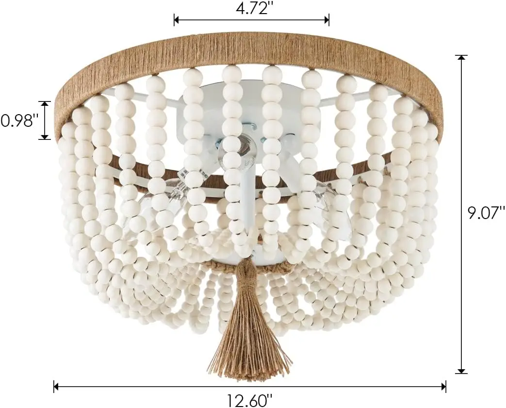 Viluxy Bohemia Wood Beaded Flush Mount Ceiling Light Antique Rustic Mini Chandelier White Finishing For Bedroom, Kitchen