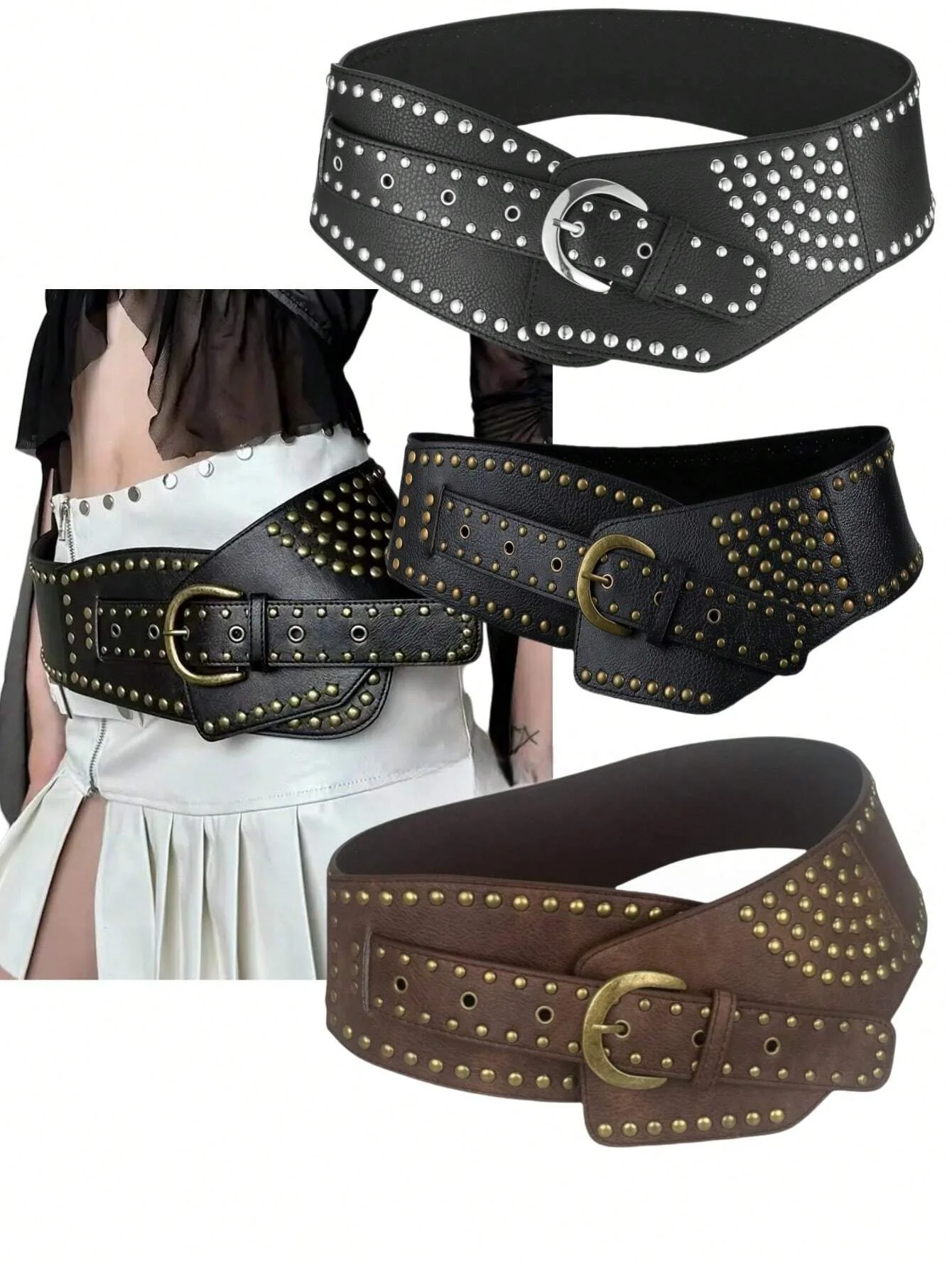 American Hot Girl Y2K Style Wide Hip Waist Belt With Rivets, Punk Girls' Must-Have, High-Quality Leather Vintage Western Industr