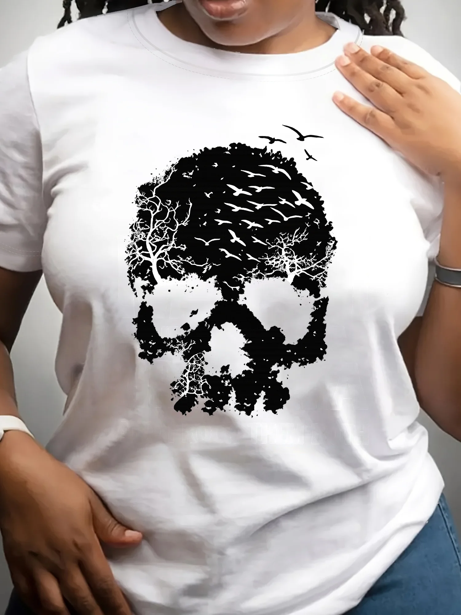 تي شيرت نسائي برسومات جمجمة الهالوين - قميص كاجوال أنيق برقبة دائرية وأكمام قصيرة، قميص بطبعة جمجمة |   قماش قابل للتمدد