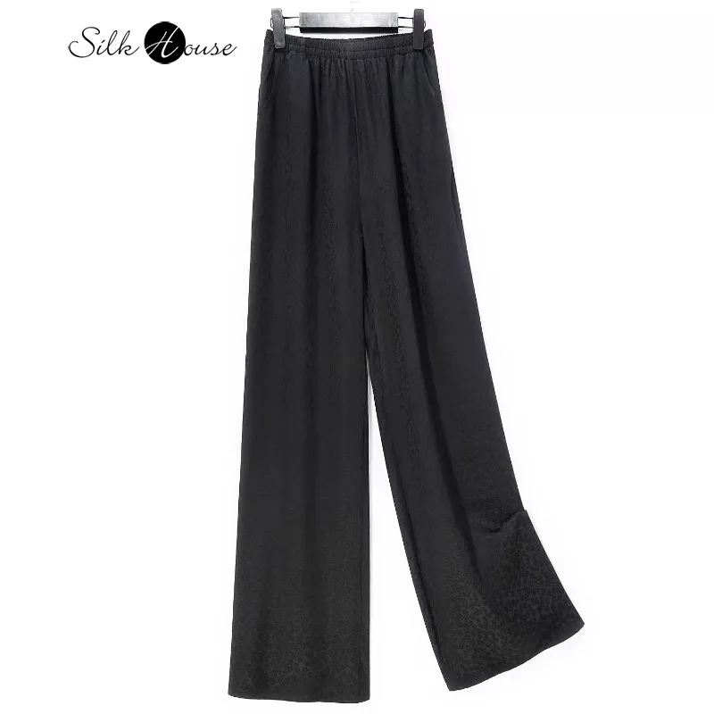 

Black Clover Jacquard 100% Natural Mulberry Silk SangBo Satin Elastic Waist Pocket Design Women's Casual Straight Leg Pants