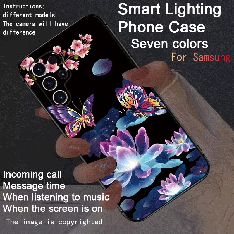

Butterfly Lotus 7 color LED Lighting Phone Case For Samsung S26 S25 Ultra S24 S23 S22 Plus A16 A15 A17 Music Glow Back Cover