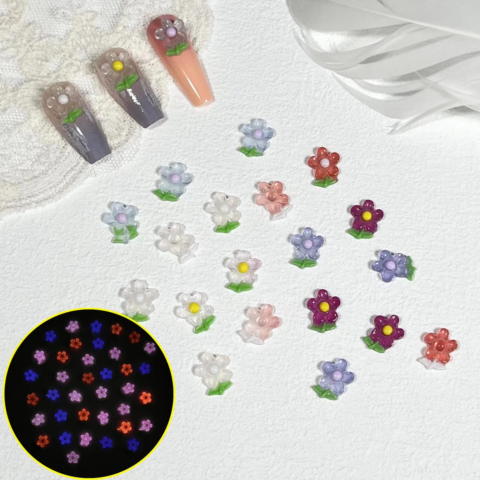 50pcs miniso luminous flower cartoon nail charms for diy nail making cute mini resin flatback nail art decoreation