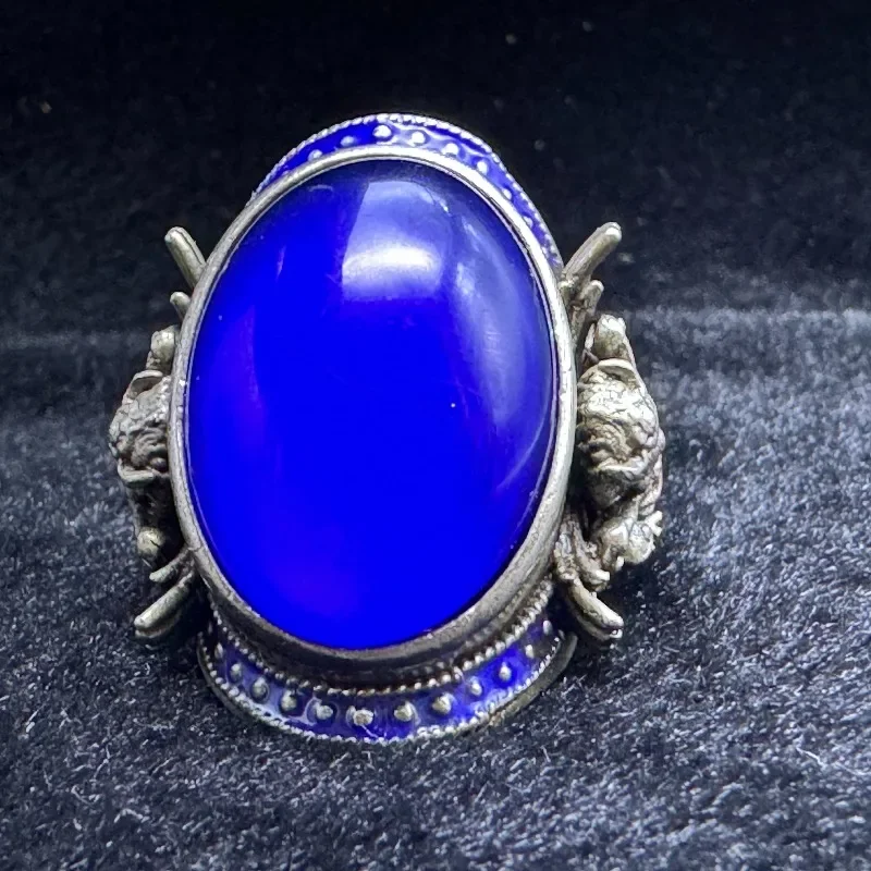 Antiqued Silver-Tone Pixiu Ring, Oval Blue Gem Inlaid Blue Enamel Vintage Statement Finger Jewelry for Men