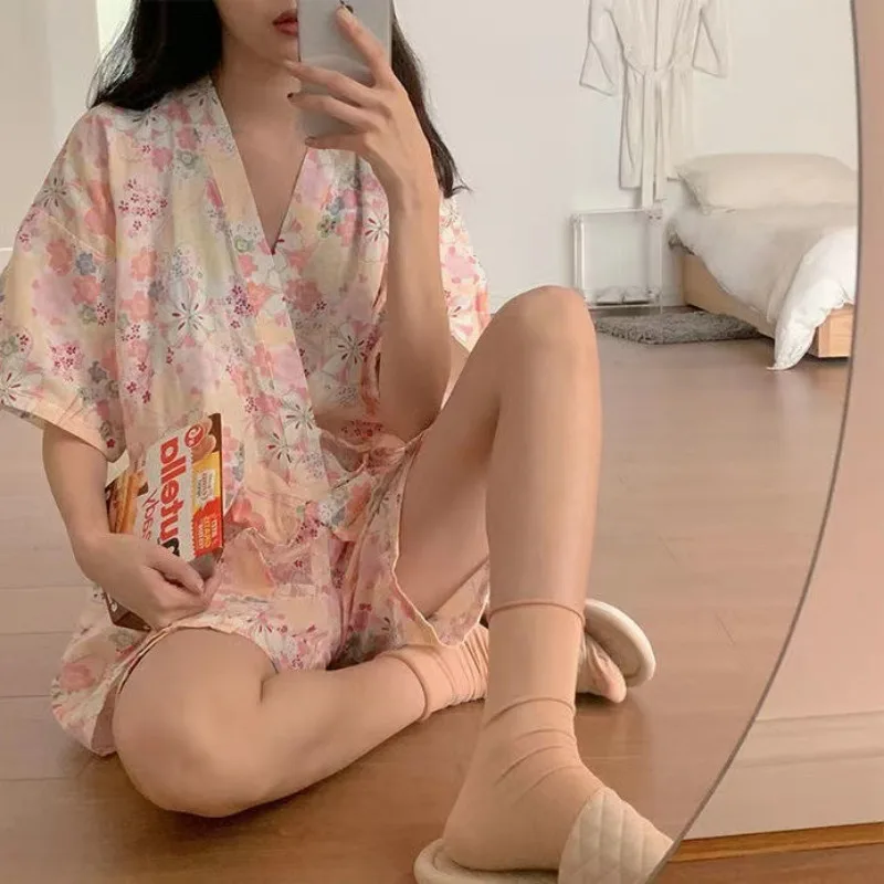 Pajamas Women Japanese Kimono Floral Short Sleeve Shorts Girl Nightwear Homewear Set Laides Sleepwear Loungewear Two Piece Set