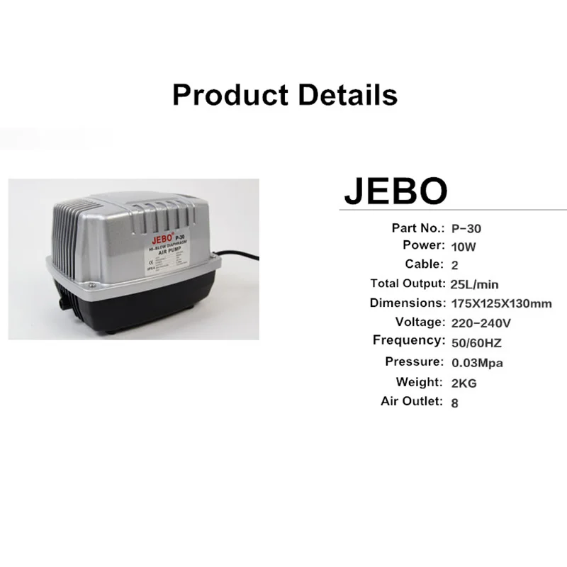 JEBO 10W grande pompa ad aria 220 ~ 240V per acquario con valvola di controllo Splitter d\'aria a 8 vie alta qualità silenziosa P30