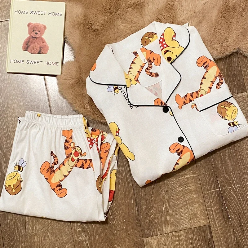 Disney Winnie the Pooh cotton pajamas autumn and autumn new cartoon long-sleeved loose with chest pad women\'s pajamas loungewear