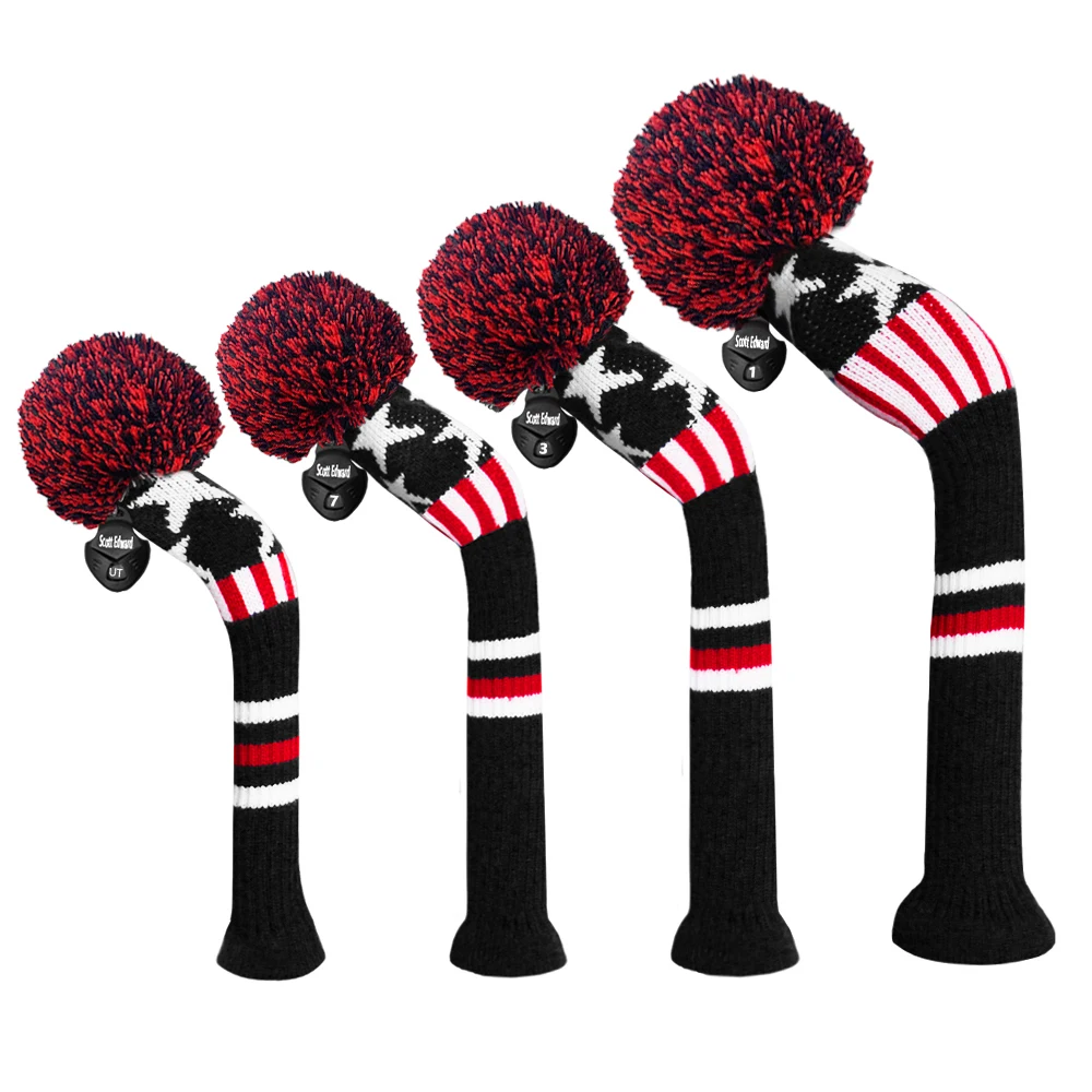 4pcs New Golf Knitted Pom-pom Woods Double Layers Headcovers,wood long-neck Driver Fairway Hybrid,135 Golf Wood with Classical