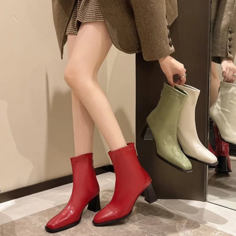 

Women Ankle Boots Real Leather Thick High Heel Shoes Fall Winter 2025 Casual Office Lady Dress Short Booties Plus Size 35- 42