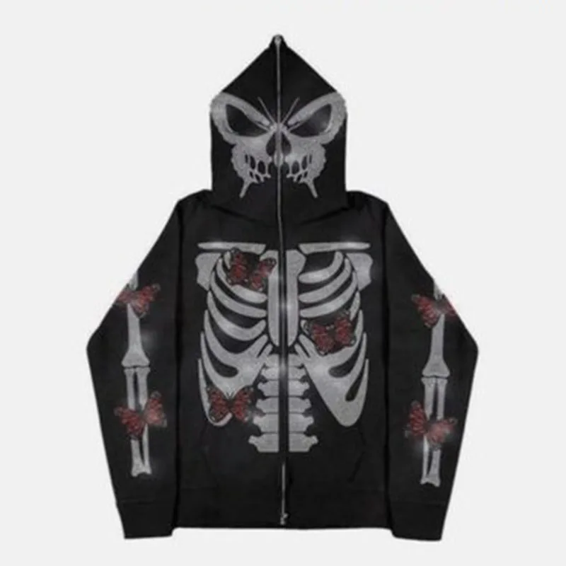 Butterfly Gothic Graphic Print Jackets Women Y2K Rhinestones Zip Up Hoodies Streetwear Sweatshirts Hip Hop Tops Harajuku Casual