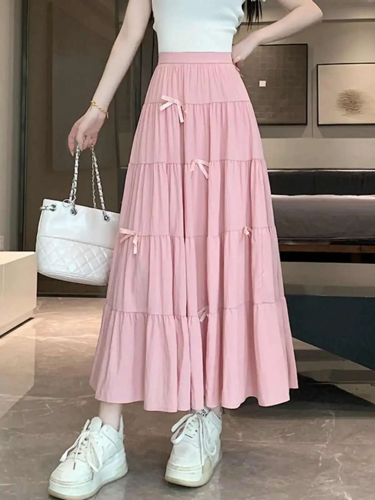 Gentle Wind Bows Umbrella Skirt Women's Solid Color Elastic High Waist Slim Big Pendulum A Line White Long Skirt