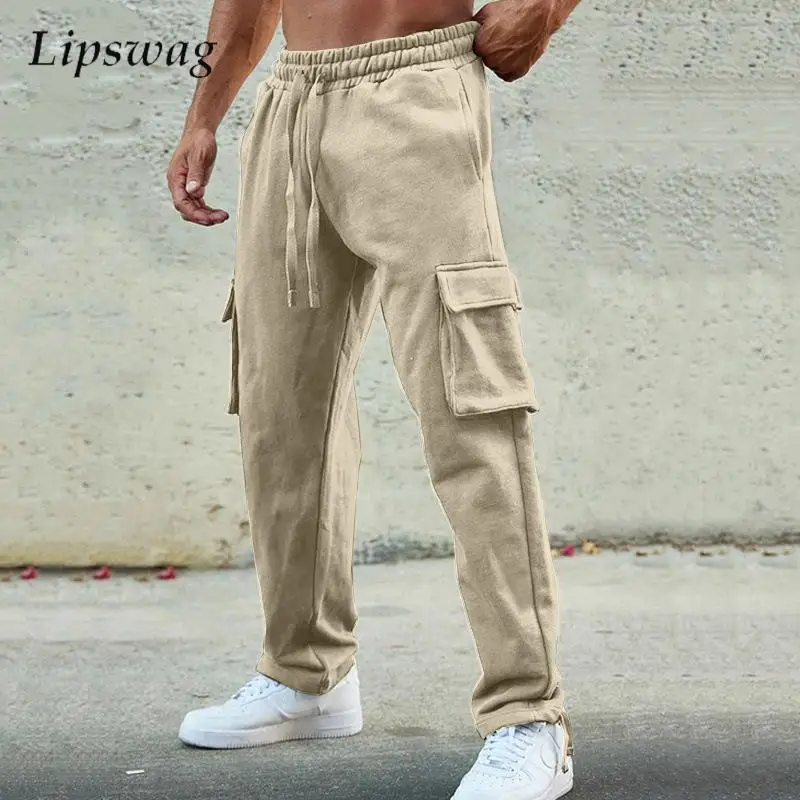 

Уличная одежда, винтажные мужские брюки-карго, стильные однотонные брюки с несколькими карманами, мужские весенне-осенние уличные повседневные прямые брюки