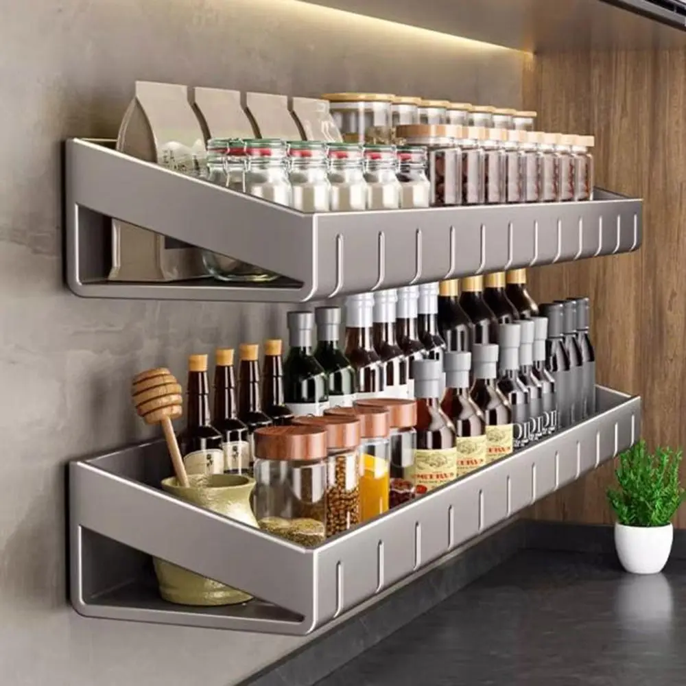 

Стеллаж для хранения специй из углеродистой стали, настенная полка для приправ большой емкости, не перфорация, экономия места, держатель для туалетного шампуня