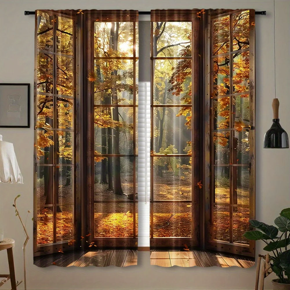 Realistic Autumn Forest Scene Curtains for Living Room Home Decor Window Drapes Sunlight Effect