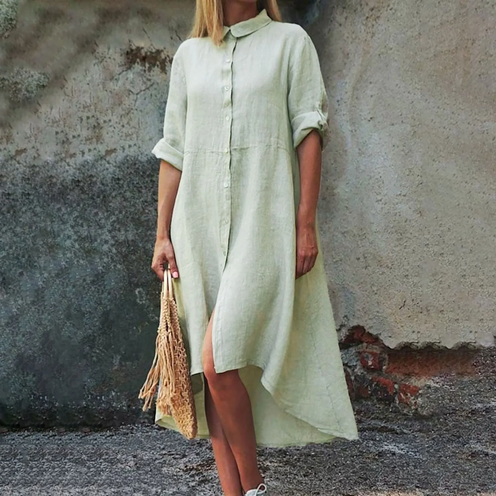 

Women'S Summer Cotton Dress Solid Color Loose Casual Flip Collar Dress Short Sleeve Button Casual Fashion Irregular Dress