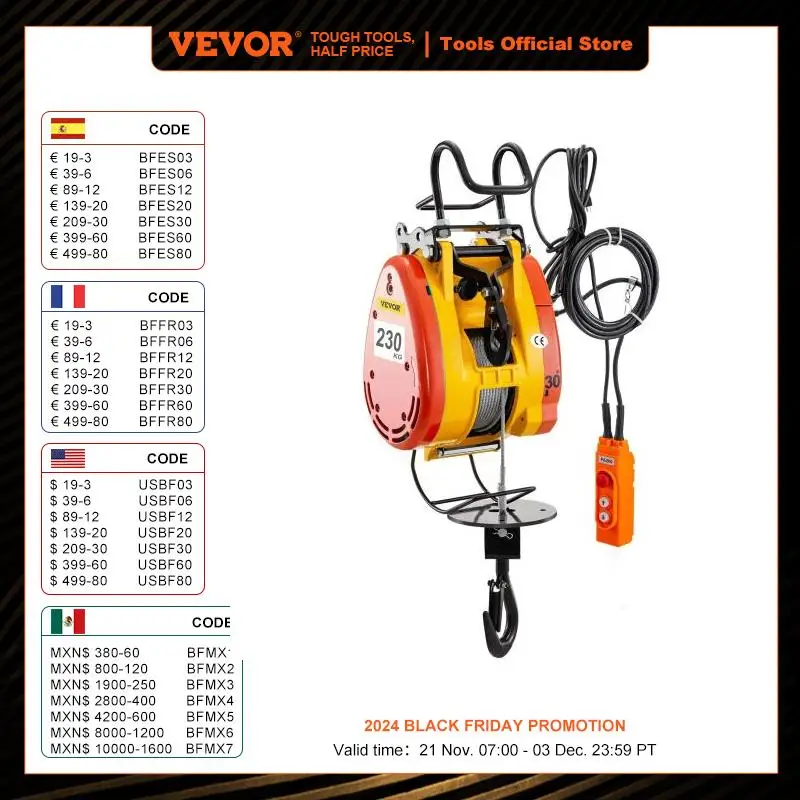 VEVOR Treuil à Câble 230 kg Palan Électrique de Levage 1300 W Treuil-Palan Câble 30 m pour Garage