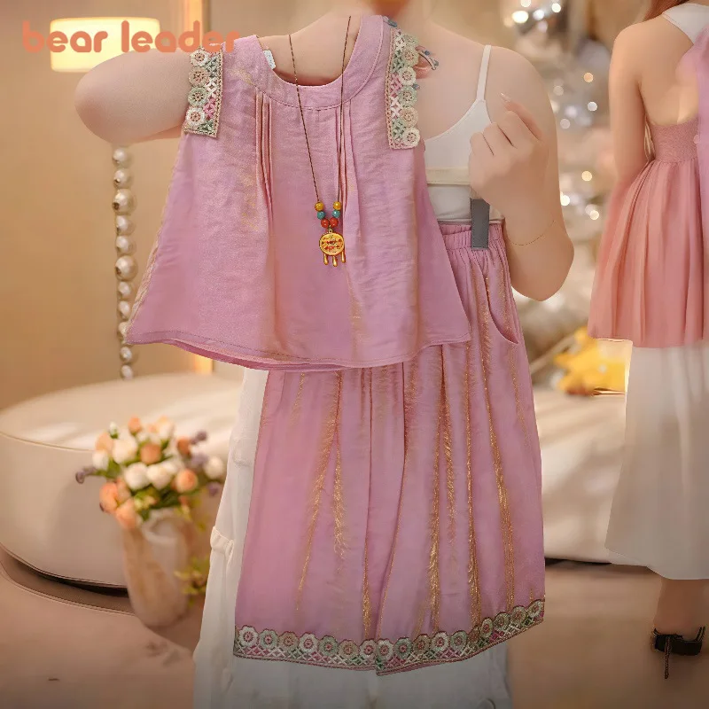 

Bear Leader Summer Pink Costume for Girls 2026 Lace Patchwork Sleeveless Children's Clothing Kids' Sets and Outfits