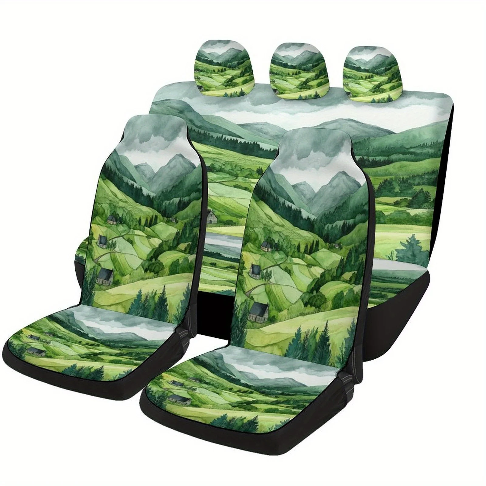 Set Of Themed Car Seat Covers In Green Valley For Various Vehicles, Stylish Novelty Protectors For Car Seats, Complete Set For T