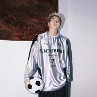 American Style Long Sleeve T-Shirt Men's Color Block Contrast Letter Print Sports Fashion Top New Ins Silver Crew Neck Tee