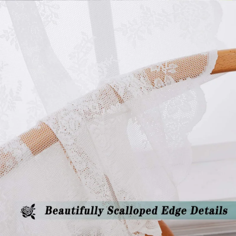 Pastoral Floral Warp Knit Lace Transparent Sheer Curtain Sun Filter Window Voile for Balcony Kitchen Small Window Decoration