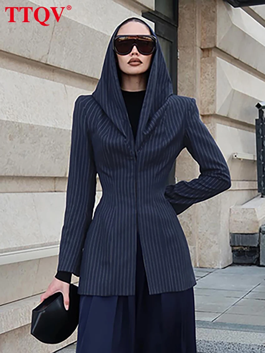 

TTQV Fashion Loose Stripe Print Women's Shirt 2026 Spring Hooded Long Sleeve Shirts Lady Elegant Classic Top Female Clothing